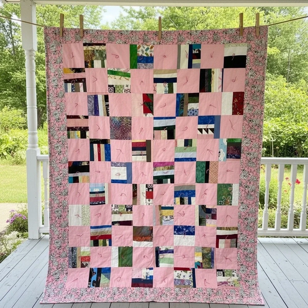 Handmade Pink Patchwork‎ Tied Quilt Floral Border Scrappy Design 54x70